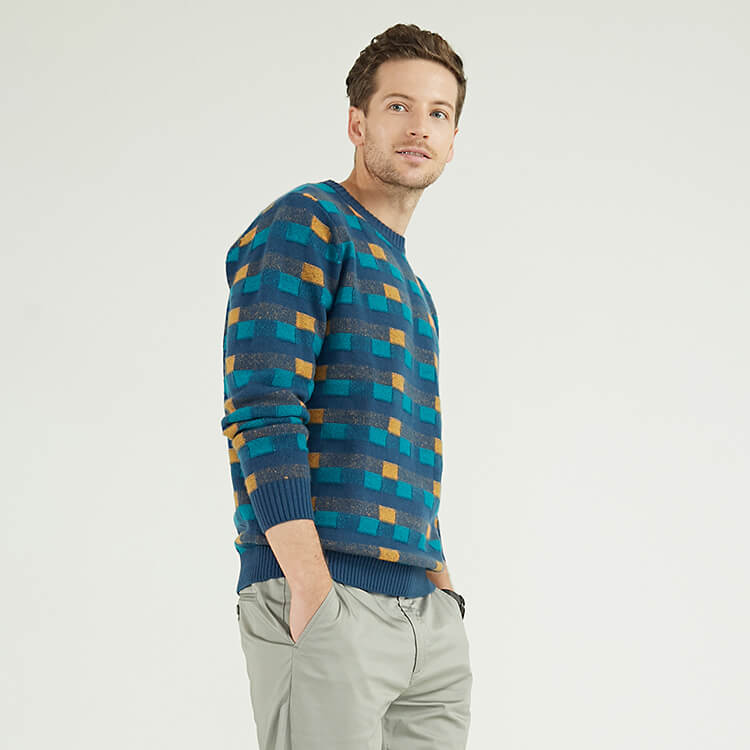 Custom Luxury Men\'s 100% Cashmere 0-neck Long Intarsia Plaid Knit Sweater