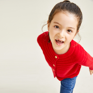 Red Knitted Long Sleeve Round Neck Button Decorative Girls' Cardigan