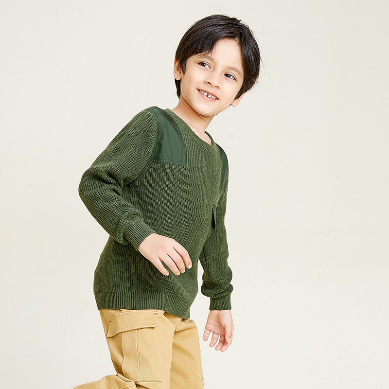 Boys Long Sleeve Crew Neck Knit Pullover Green Pocket Sweater