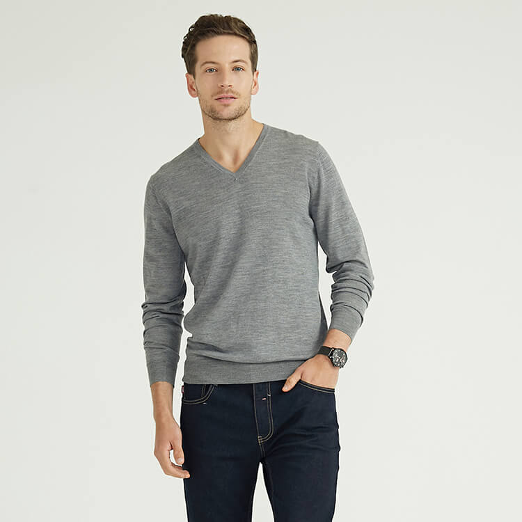 Custom Extra Fine 100% Merino Wool Grey V-neck Knitted Pullover Jumpers
