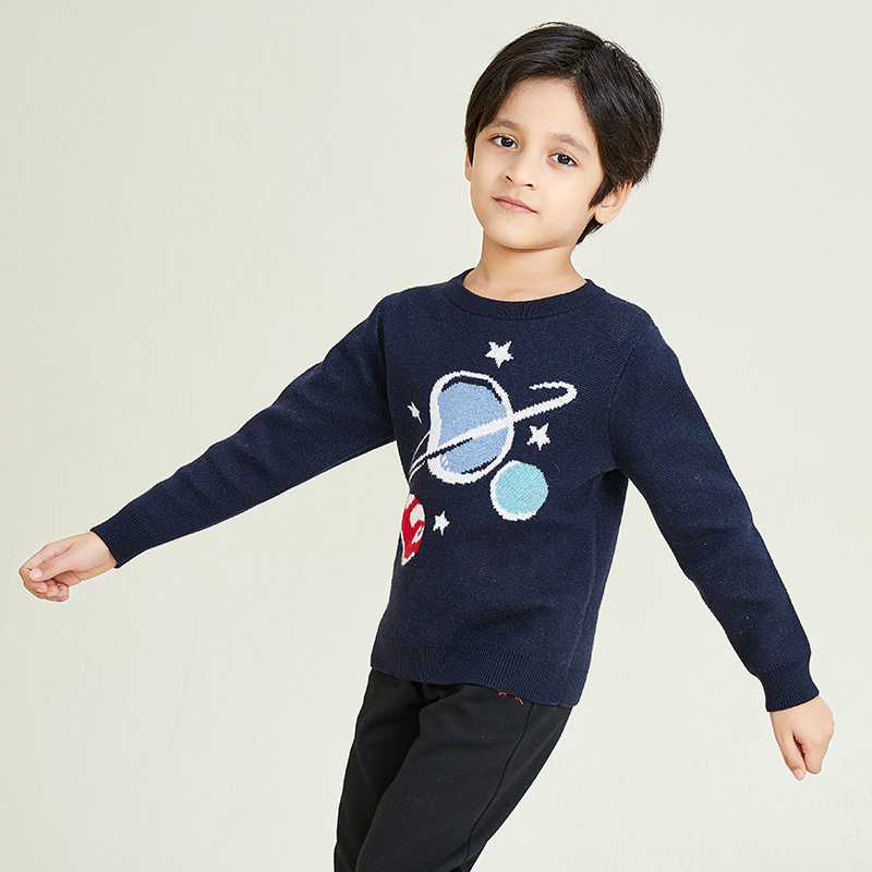 Round Neck Long Sleeve Knitting Simple Jacquard Pattern Boys Pullover Sweater