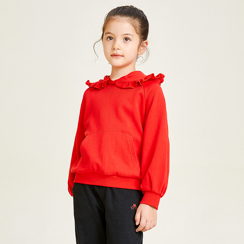 Passionate Red Lace Decorative Pocket Design Girls Hoodie