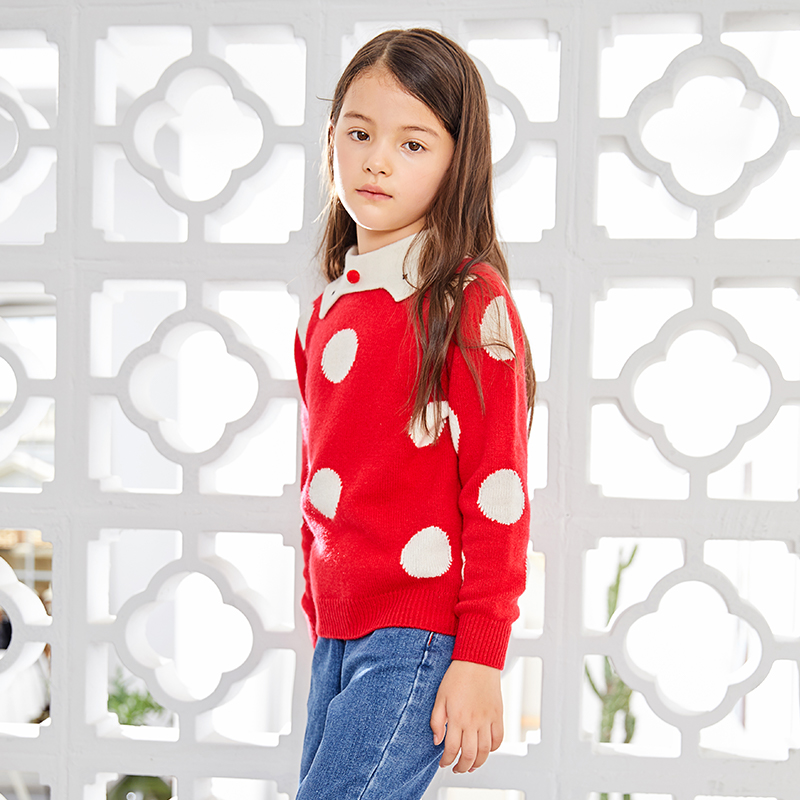 Round Neck Long Sleeve Red White Dot Adorned Cute Collar Sweater