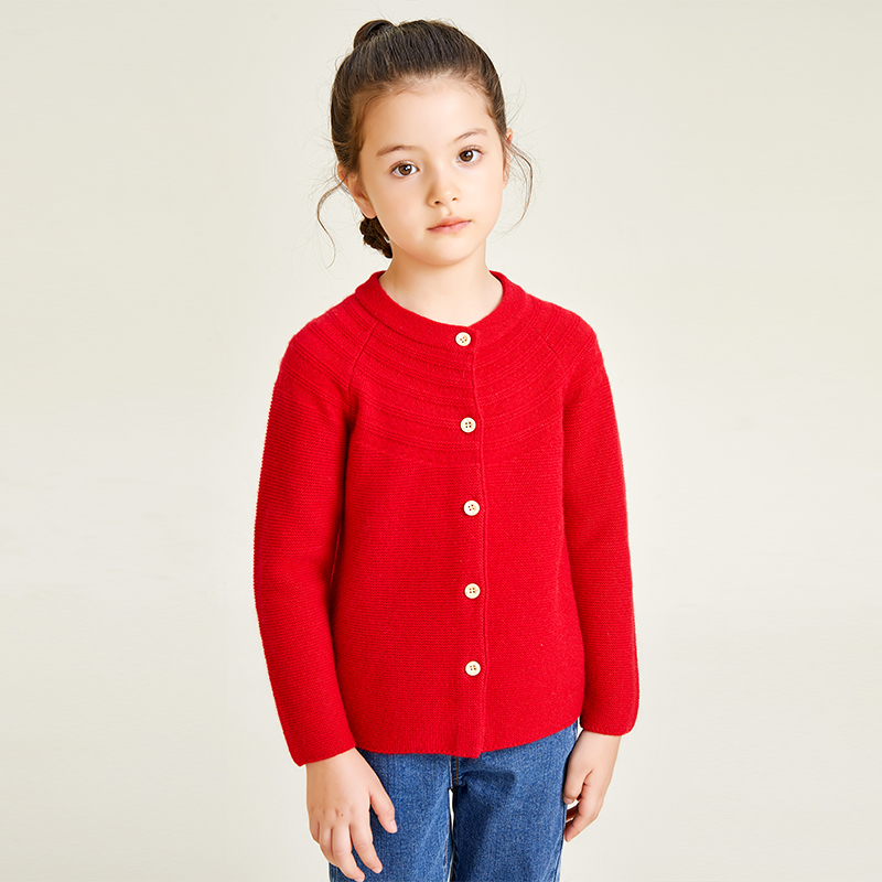 Red Knitted Long Sleeve Round Neck Button Decorative Girls\' Cardigan