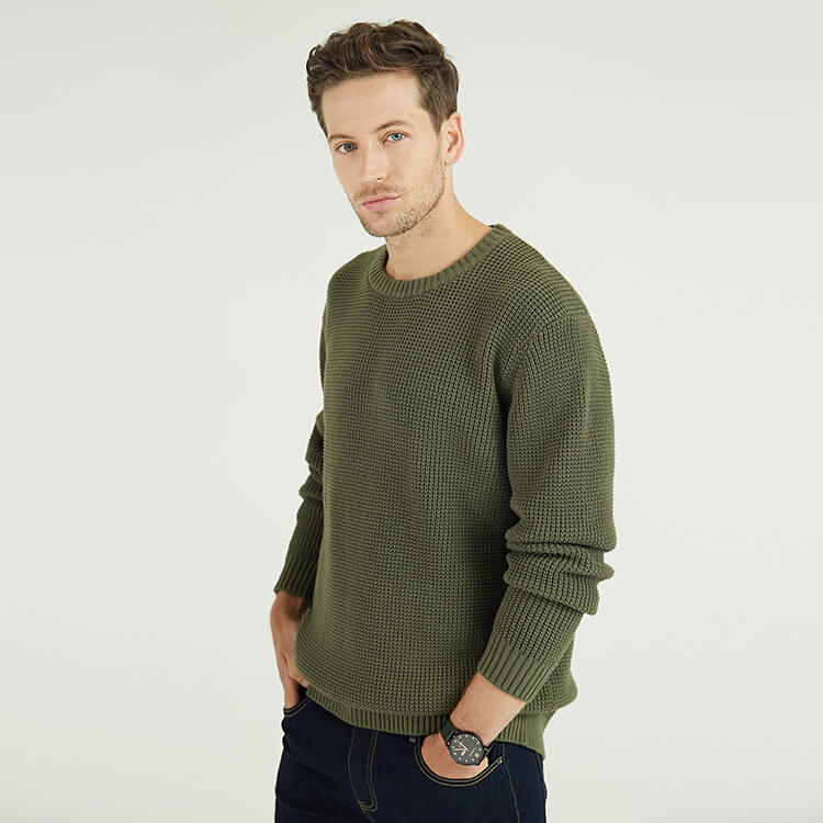 Personalized Winter Mens 100% Organic sustainable Cotton Army Green Crew Neck Knit Sweater