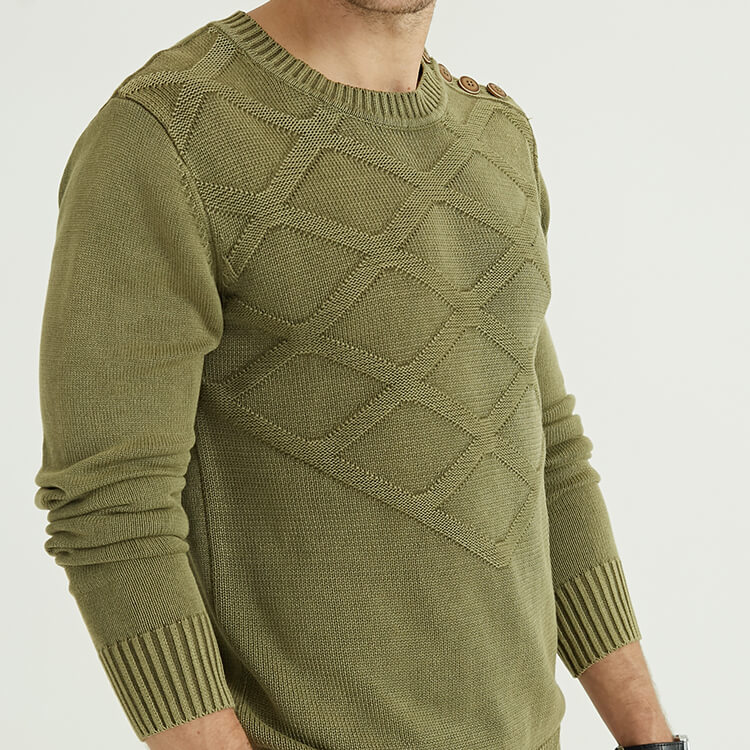 Custom Men Diamond Pattern Distressed Shoulder Button Cable Knit Sweater
