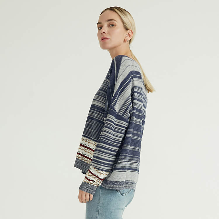 Striped Print Stitching Simple And Comfortable Knitted Pullover Women