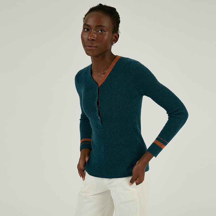 Custom 100% Cashmere Collar Colorblock Design Rib Button Up Pullover Sweater