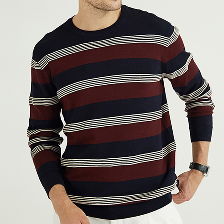 Custom Mens Winter 100% Cashmere Round Neck Striped Plain Knit Sweater