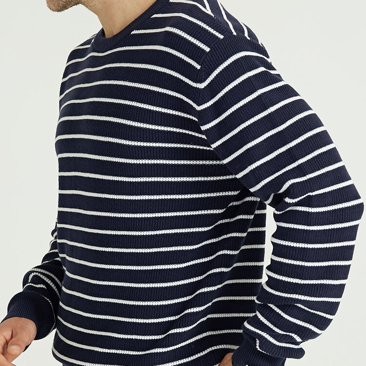 Custom Men\'s 100% Cotton Vintage Navy White Striped Crew Neck Sweater