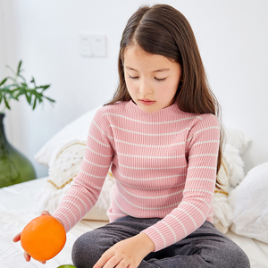 Girls' Pink And White Striped Long-sleeved Knit Pullover With Round Neck